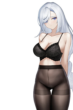 Blue-haired beauties drawn in black tights without panties