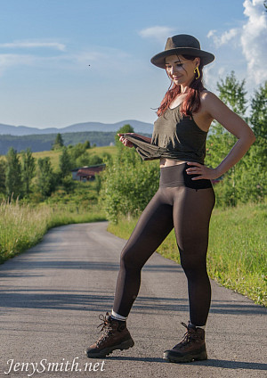 A walk in the nature with Jeny Smith in black seamless pantyhose without any underwear