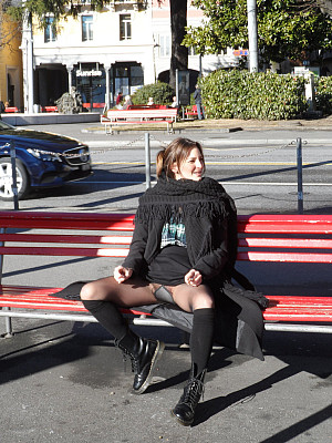 Private pics of girl in sheer grey pantyhose without underwears outdoors