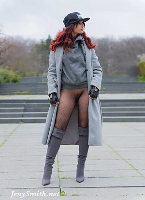 Pics 1 of  Jeny walks outdoors without a skirt, wearing only seamless dot patterned pantyhose to cover her legs.