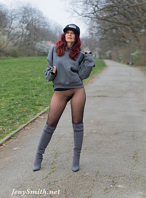 Pics 7 of  Jeny walks outdoors without a skirt, wearing only seamless dot patterned pantyhose to cover her legs.